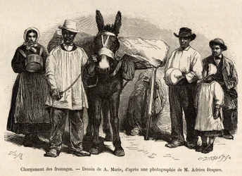 Das Beladen von Käse auf den Rücken eines Maultiers, in Richtung der Keller von Roquefort, Gravur nach einer Zeichnung von A. Marie, zur Illustration einer Reise nach Roquefort und Umgebung, von Adrien Roques und Jules Charton, 1874, veröffentlicht in „Le 