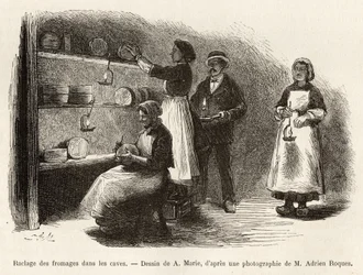 Das Schaben und Nähen von Käsesorten, nach der Weinkellerei alle acht Tage, diese Operationen erleichtern die Fermentation und die Bildung von Blauschimmel im Roquefort, Gravur nach einer Zeichnung von A. Marie, zur Illustration einer Reise nach Roquefort 