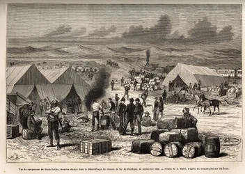 Ansicht des Black Buttes Camps, letzte Station in der roten Wüste (Mojave-Wüste) der Pazifik-Eisenbahn, im September 1868, Gravur nach der Zeichnung von A. Marie, zur Illustration der Reise von Washington nach San Francisco, 1868, von L. Simonin, veröffent