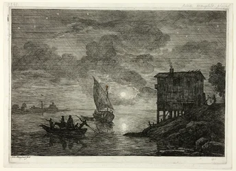 Hafen bei Mondschein mit Fähre