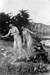 Gravur von Adrien Moreau, die „Candide“ von Voltaire illustriert