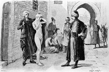 Gravur von Adrien Moreau, die „Candide“ von Voltaire illustriert