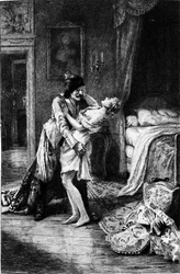 Gravur von Adrien Moreau (1843-1906) illustriert „Candide“ von Francois Marie Arouet dit Voltaire (1694-1778).