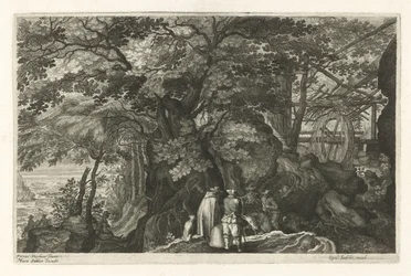 Fluss mit Felsen und einer Wassermühle