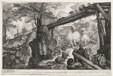 Acht böhmische Landschaften: Landschaft mit Holzbrücke über Wasserfall, ca. 1610-1615
