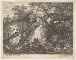 Ein Mann mit einem Stab sitzt auf einem Baumstamm, mit zwei Ziegen zu beiden Seiten, ca. 1600