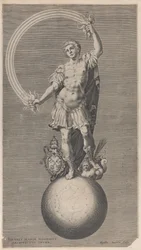 Allegorische Figur eines Kriegers, der auf einem Globus mit dem päpstlichen Wappen steht