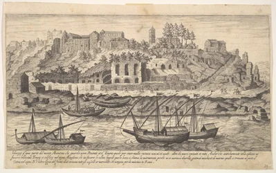 Ansicht von Westen der Ruinen des Aventin-Hügels, Rom, mit Booten auf dem Fluss