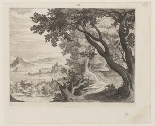 Flusslandschaft mit zwei Personen unter einem Baum