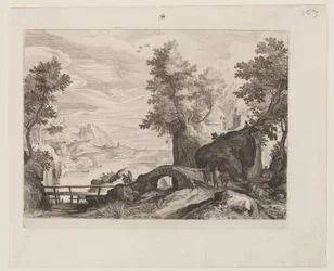 Flusslandschaft mit einer Steinbrücke und einer Holzbrücke