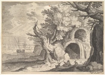 Ruiniertes Aquädukt mit Wasser, das in einen darunter liegenden Bach fließt, Schiffe auf dem Meer dahinter, eine..., ca. 1600
