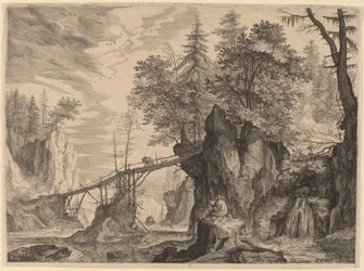 Zeichner auf einem Stein vor einer Brücke