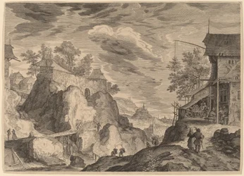 Landschaft mit Gasthaus rechts und Haus auf Felsen links