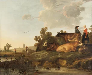 Ein Viehtreiber und eine Melkerin neben Vieh, mit Blick auf eine Stadt in der Ferne