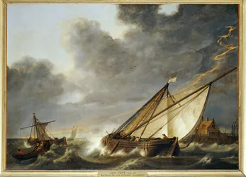 Boot auf der Mündung des Holländischen Tiefs, in einem Sturm gefangen