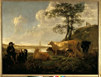 Landschaft bei Rhenen: weidende Kühe und ein Flöte spielender Hirte