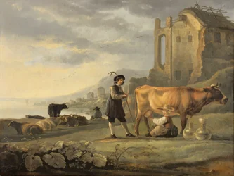 Landschaft mit Magd, die eine Kuh melkt