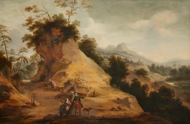 Felsige Landschaft mit Jägern in orientalischen Kostümen, die sich auf einem felsigen Pfad unterhalten