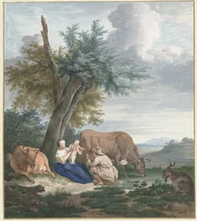 Bäuerin und Bauer mit Kind in einer Landschaft mit Vieh