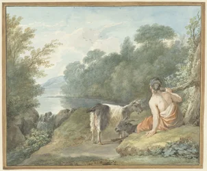 Hirtin mit Ziegen in einer Landschaft mit einem See