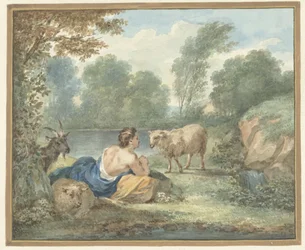 Hirtin mit Schafen in einer Landschaft mit einem Teich