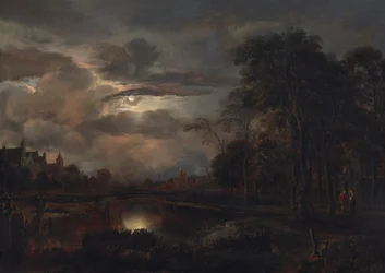 Mondscheinlandschaft mit Brücke, wahrscheinlich 1648-1650