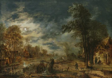 Mondbeschienene Landschaft mit einem Dorf