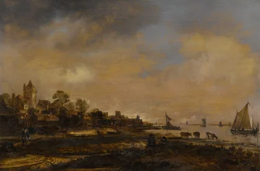 Weite Flusslandschaft mit Schloss und Dorf