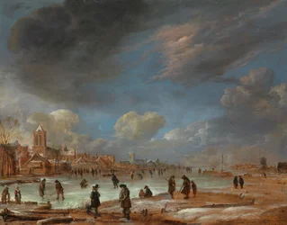 Winterlandschaft nahe einer Stadt mit Golfspielern