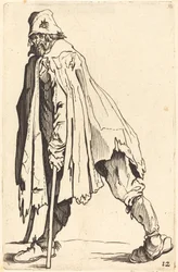 Bettler mit Krücken und Mütze