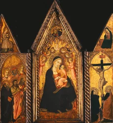 Ein tragbares Triptychon mit der Madonna und dem Kind auf dem Thron mit Engeln