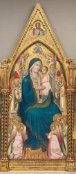 Madonna mit Kind auf dem Thron mit zwölf Engeln und dem segnenden Christus