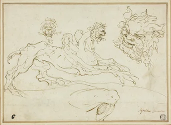 Vier Skizzen: Greif, Grotesker Kopf, Kopf eines Satyrs, Gebogenes Bein