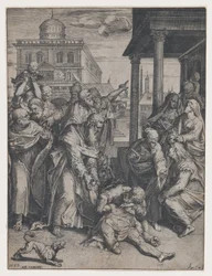 Der heilige Paulus erweckt Patroklos, der am Boden liegt, umgeben von einer Gruppe von Zuschauern, 1583