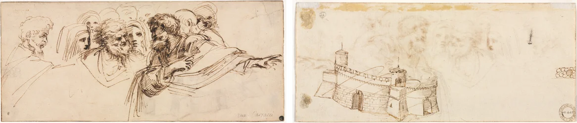 Studie von Köpfen (recto); Zinnenfestung (verso)