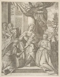 Die mystische Hochzeit der Heiligen Katharina, die in der Mitte mit dem Christuskind sitzt, Engel mit..., 1585
