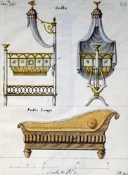 Babybett und Sofa, aus Lavori di falegname e Fabbro ideati e disegnati da me Agostino Fantastici, Manuskript 3, Tafel 38