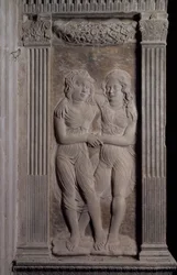 Zwillinge dargestellt durch die Zwillinge, aus einer Serie von Reliefs, die die planetarischen Symbole und Sternzeichen darstellen, ca. 1450 (Gips)