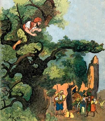 Ali Baba belauscht eine Gruppe von vierzig Dieben, die ihren Schatz besuchen. Illustration von Albert Robida für Ali Baba und die vierzig Räuber