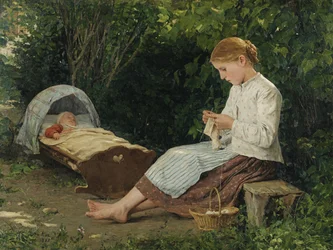 Strickendes Mädchen, das ein Baby in der Wiege beobachtet