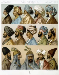 Asiatische Männerfrisuren - in „Le costume historique“ von Racinet, Ende des 19. Jahrhunderts