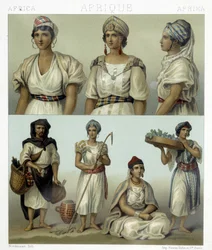 Kostüme und Kopfbedeckungen der Kabyl-Frauen (oben). Tunesische und algerische Kostüme (unten). Illustration in „Le costume historique“ von Racinet