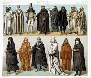 Kostüme von Mönchen und Religiösen im Nahen Osten im 19. Jahrhundert. Illustration in „Le costume historique“ von Racinet