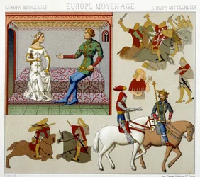 Kostüme des Mittelalters in Frankreich. Chromolithographische Platte - in „Le costume historique“ von Racinet