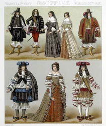 Kostüme des Adels in Frankreich im 18. Jahrhundert. Illustration in „Le costume historique“ von Racinet