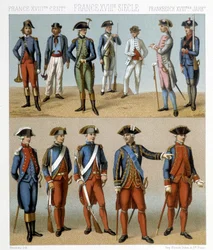 Französische Militärkostüme im 18. Jahrhundert. Illustration in „Le costume historique“ von Racinet