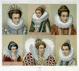 Frisuren in Frankreich im 16. Jahrhundert (und Porträt von Marie de Medici) - in „Le costume historique“ von Racinet, Ende des 19. Jahrhunderts