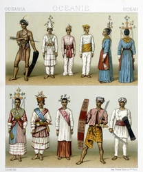 Einwohner der Celebes-Inseln in Indonesien. Illustration in „Le costume historique“ von Racinet