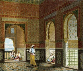 Inneres eines maurischen Hauses (Alhambra, Saal des Segens). Chromolithografische Tafel - in „Le costume historique“ von Racinet