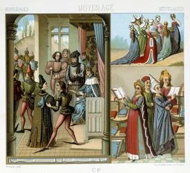 Mittelalter: der königliche Hof, die edlen Damen, die gebildeten Damen - in „The historical costume“ von Racinet
